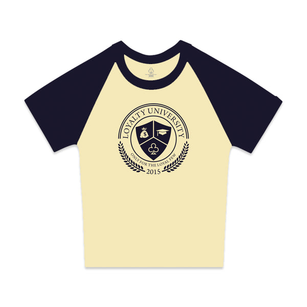 LOYALTY UNIVERSITY CROP BABY TEE (YELLOW/NAVY)